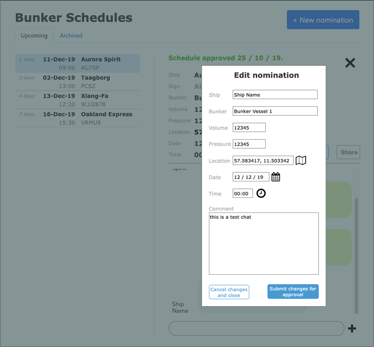 Bunker Schedules prototype: a list of upcoming refuelling nominations with an Edit nomination dialog