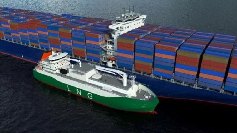 An LNG bunker vessel refuelling a container ship at sea