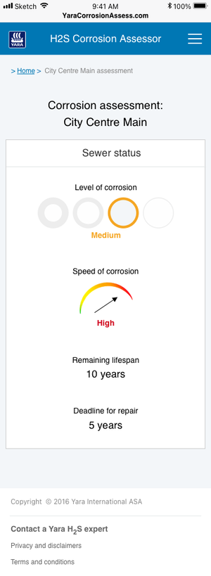 Mobile design: corrosion assessment showing level and speed of corrosion, remaining lifespan, and deadline for repair